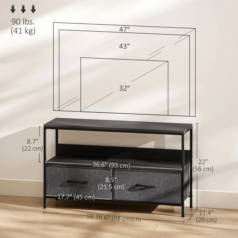 TV Stand with Charging Station, TV Table with 2 Foldable Linen Drawers and Open Shelf for 47 Inch Television, Black