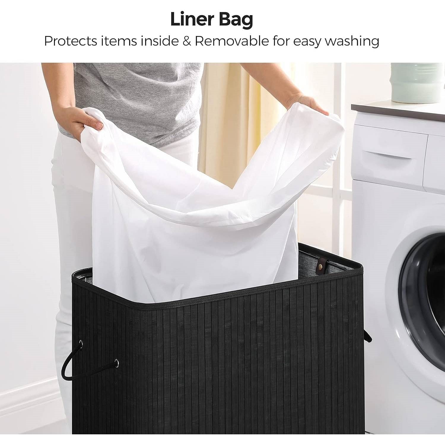 Black Bamboo Wood 26-Gal Laundry Hamper Basket w/ Removable Washable Cotton Bag - Free Shipping
