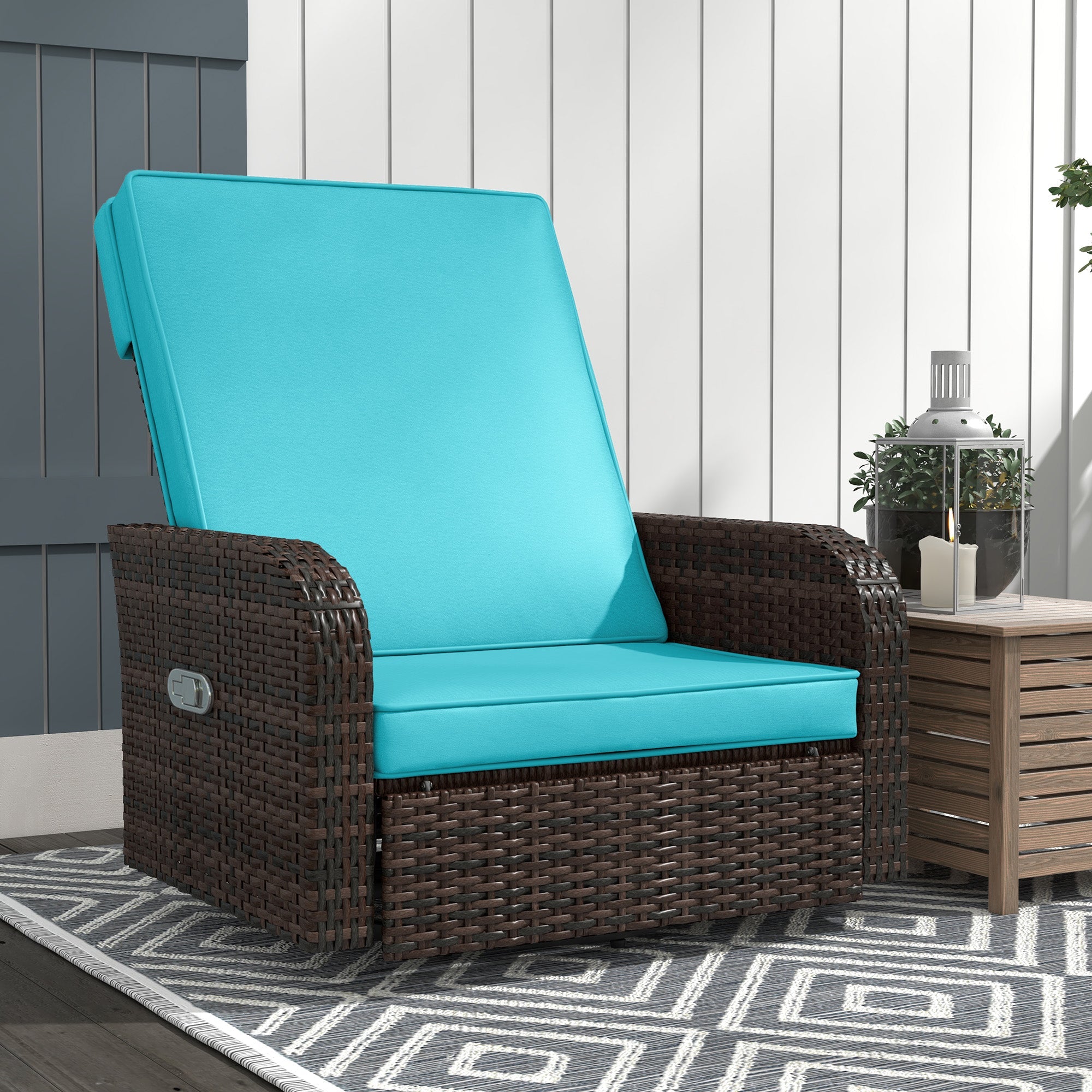 Outsunny Wicker Swivel Chair w/ Cushion, Patio Recliner Chair, Turquoise