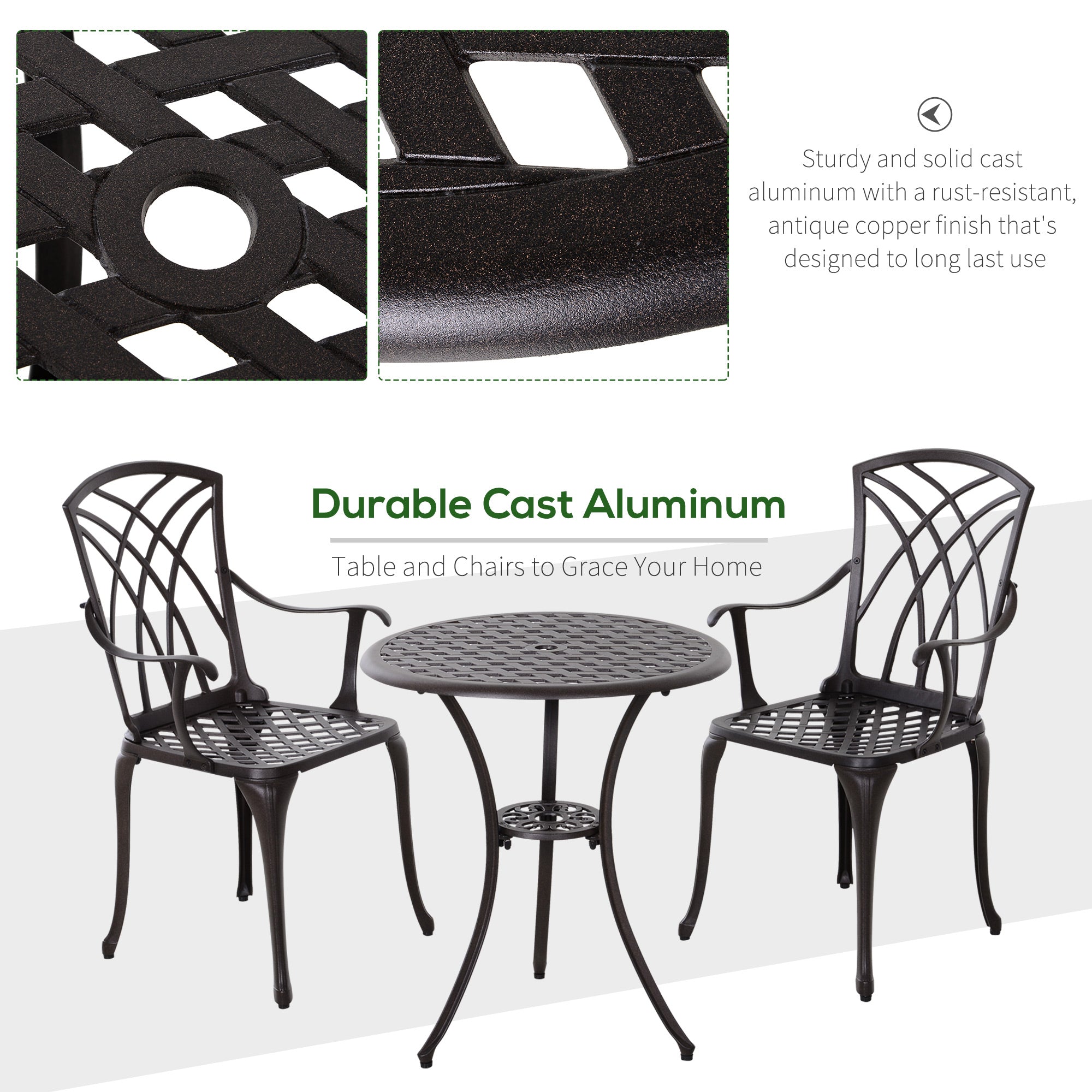 Outsunny 3 Pieces Patio Furniture Set, Outdoor Garden Conversation Set with Coffee Table, 2 Chairs and Umbrella Hole, Brown