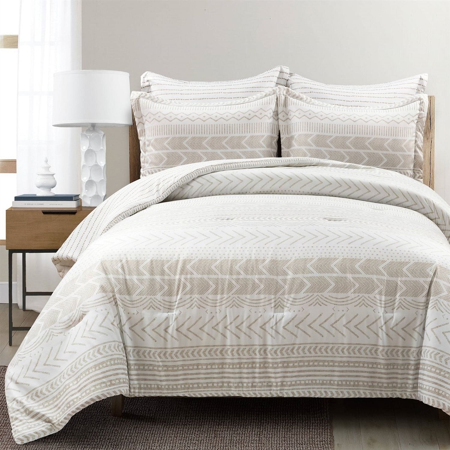Full/Queen Scandinavian Chevron Beige Taupe 5 Piece Lightweight Comforter Set - Free Shipping