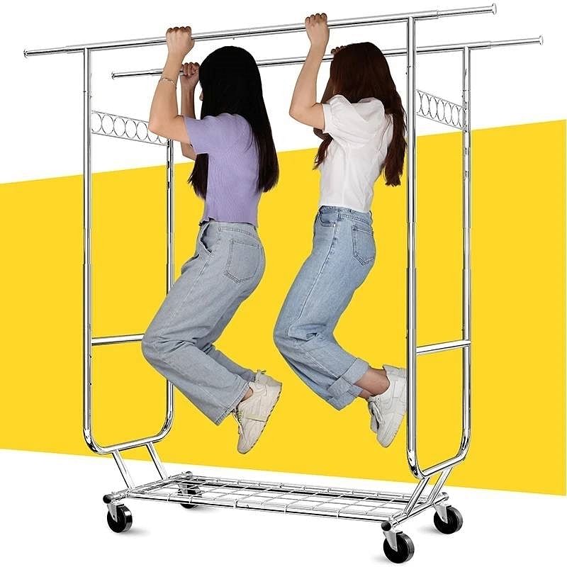Heavy Duty Double Bar Clothes Garment Rack on Wheels - 600 lbs Capacity - Free Shipping