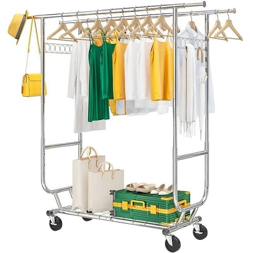 Heavy Duty Double Bar Clothes Garment Rack on Wheels - 600 lbs Capacity - Free Shipping