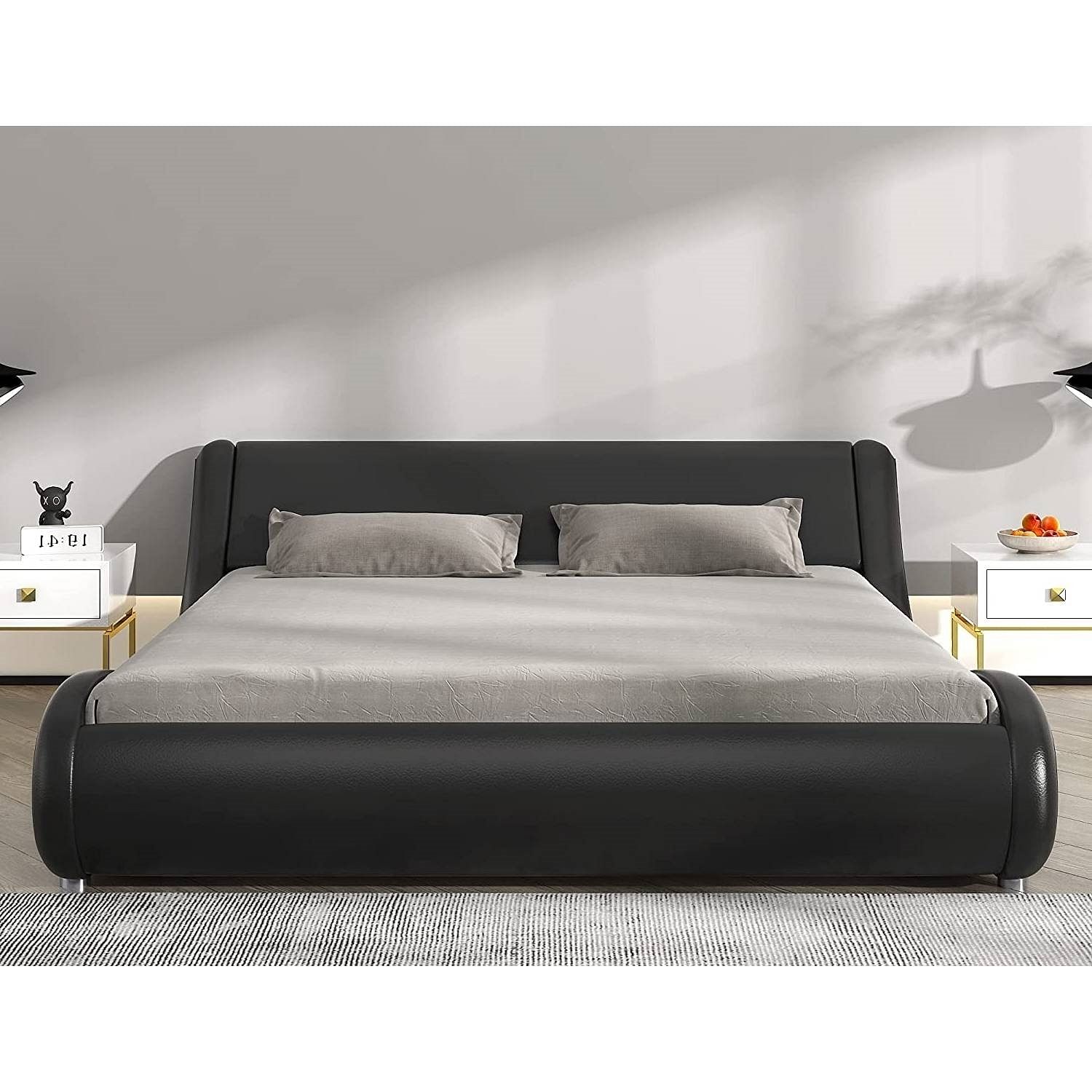 Queen Modern Black Faux Leather Upholstered Platform Bed Frame with Headboard - Free Shipping