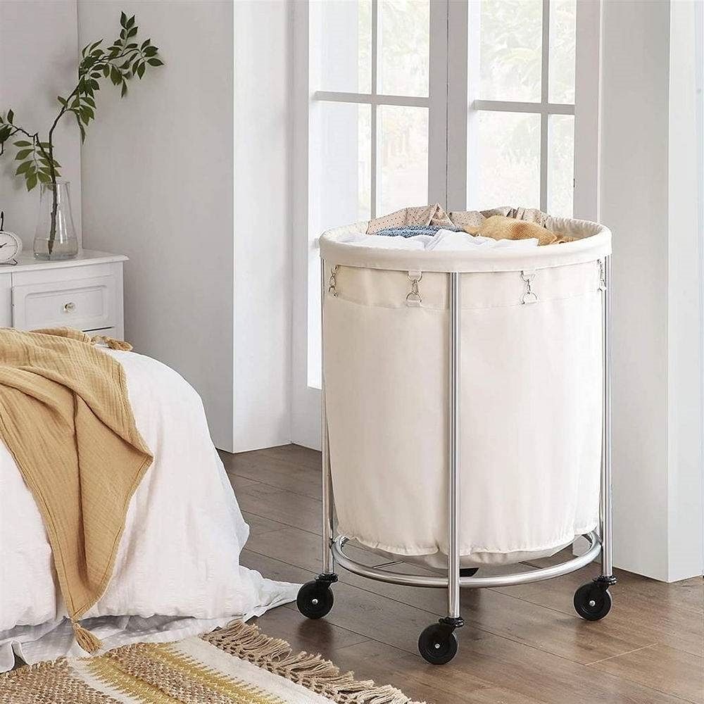 Round 45-Gallon Laundry Basket Hamper w/ Cream Fabric Bag Steel Frame on Wheels - Free Shipping