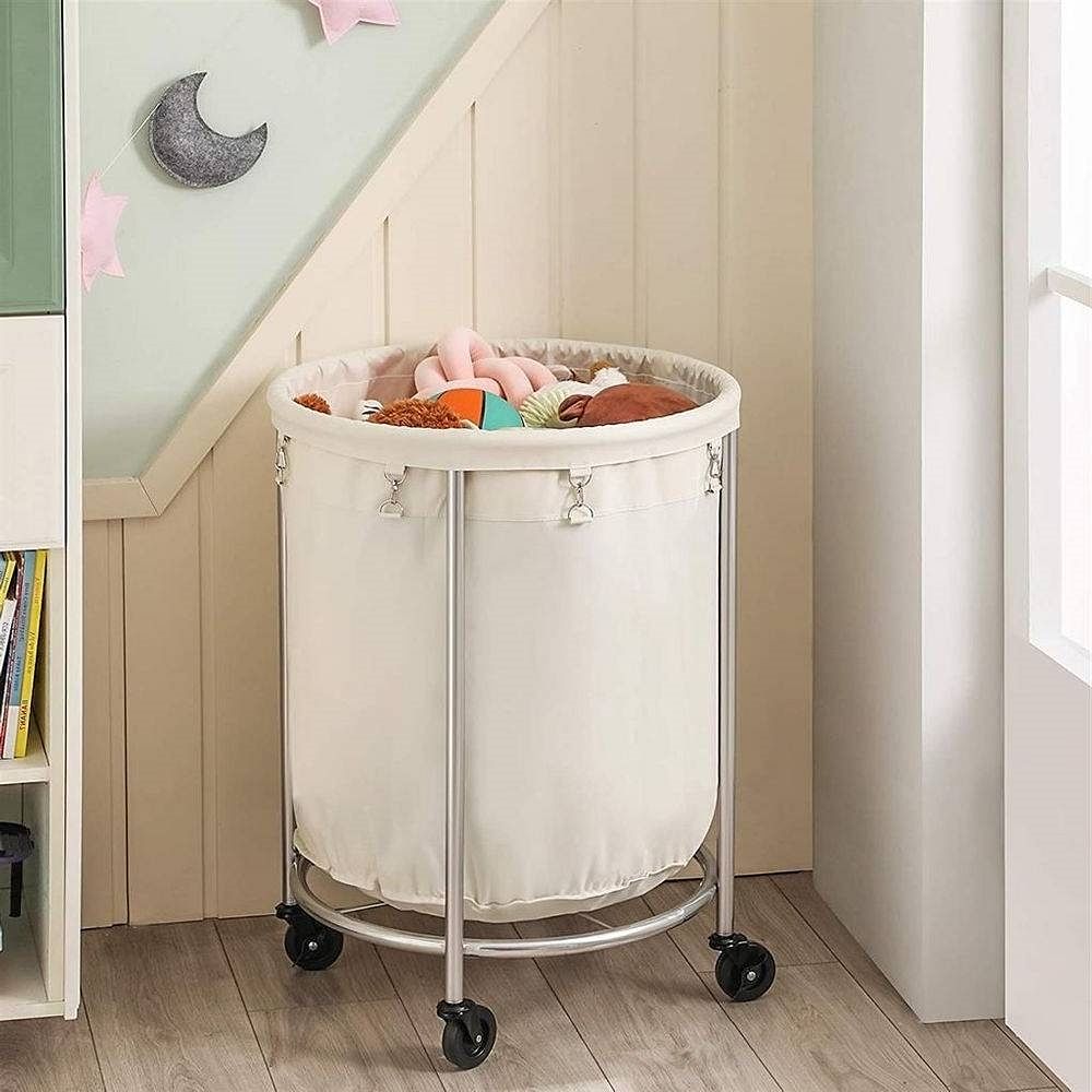 Round 45-Gallon Laundry Basket Hamper w/ Cream Fabric Bag Steel Frame on Wheels - Free Shipping