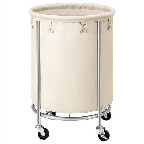 Round 45-Gallon Laundry Basket Hamper w/ Cream Fabric Bag Steel Frame on Wheels - Free Shipping