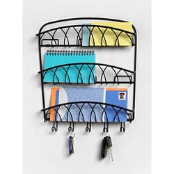 3-Tier Letter Holder Organizer with Key Hooks in Black Metal Finish - Free Shipping