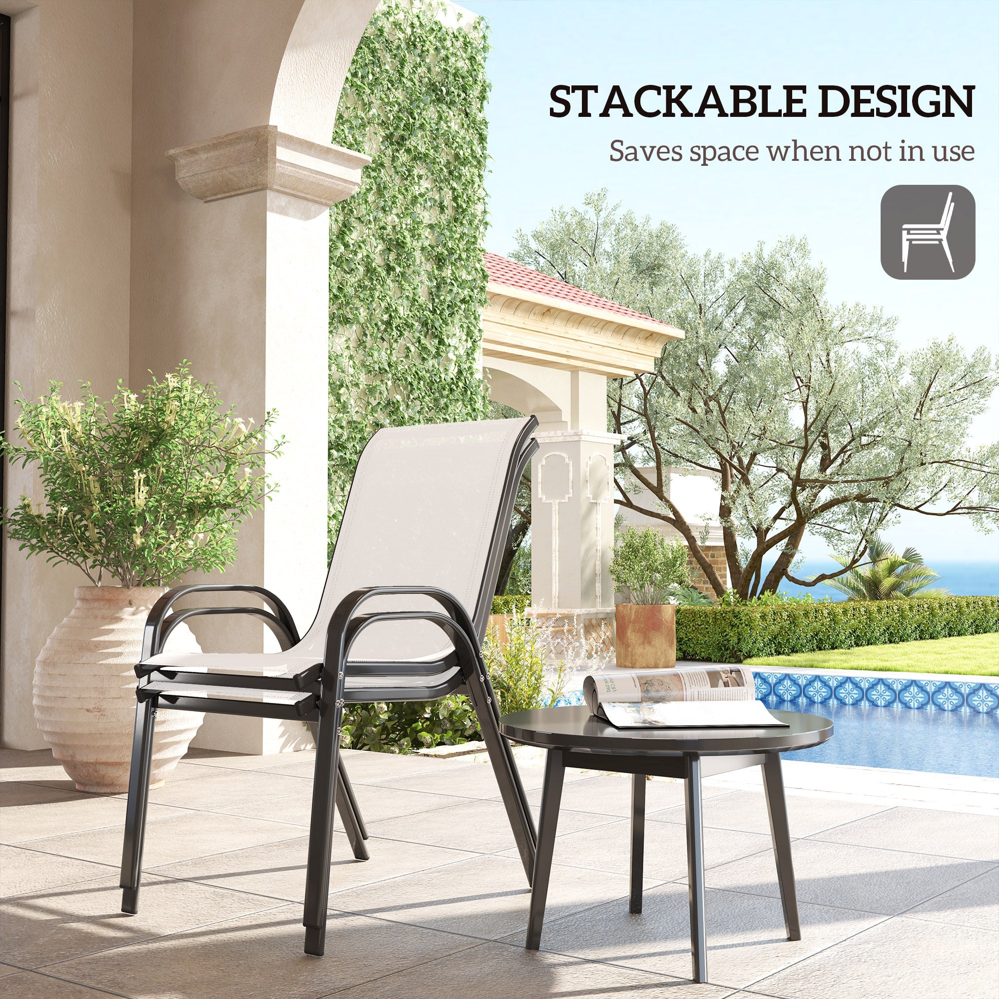 Outsunny Set of 2 Outdoor Dining Chairs, Stackable Lawn Chairs with High Back, Breathable Mesh Seat for Garden Porch, Light Grey