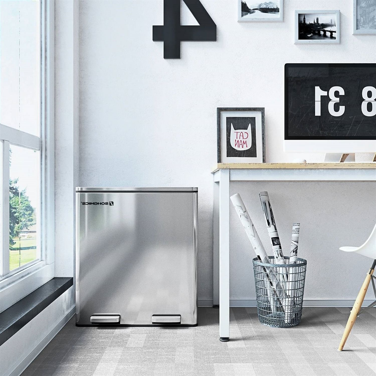 Dual Stainless Steel 16-Gallon Trash Can Recycle Bin with 2 Step on Pedal Lids - Free Shipping