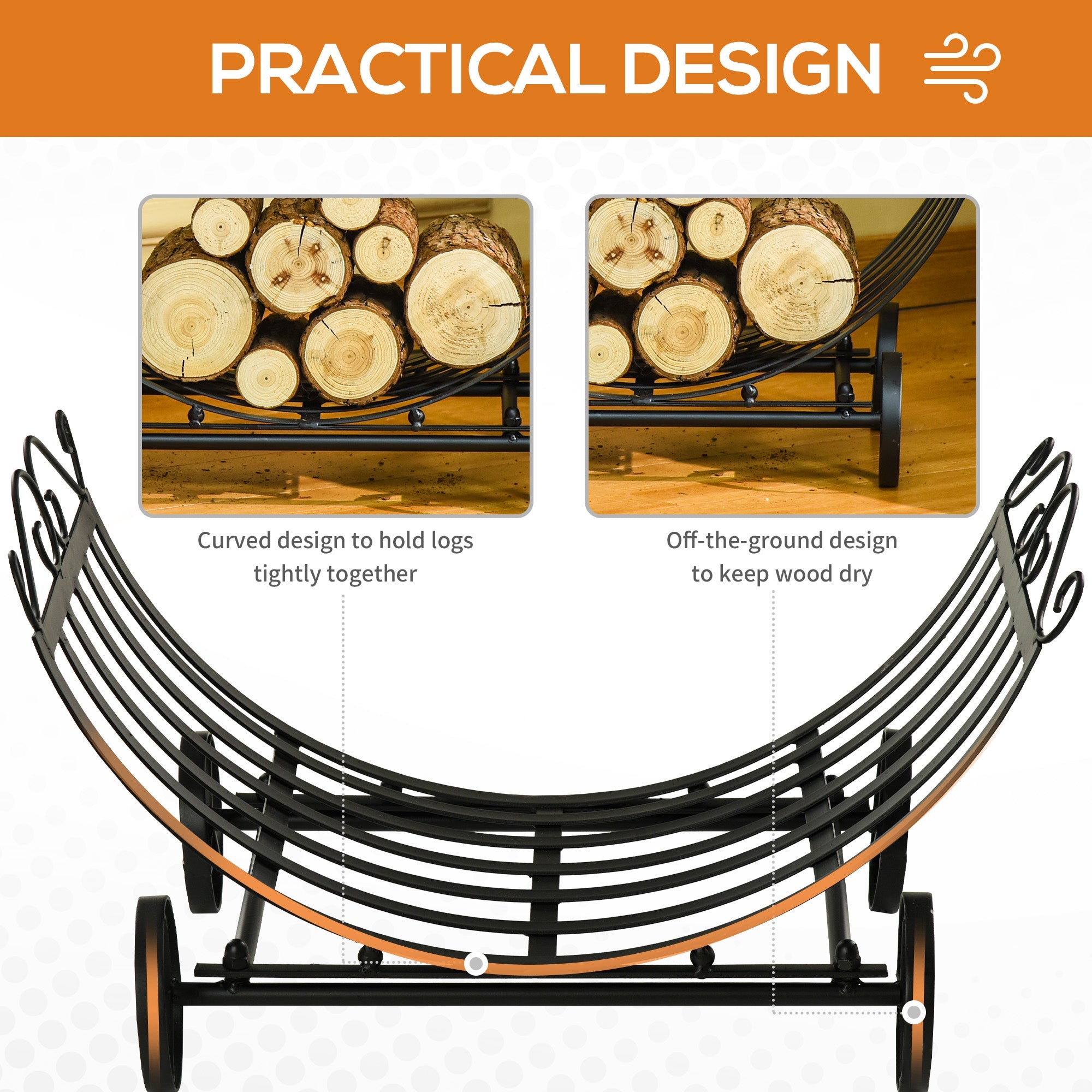 Outsunny Firewood Finesse: 23" Curved Fireplace Wood Holder, Stylish Storage with Scrolls, Indoor Outdoor, Black Finish