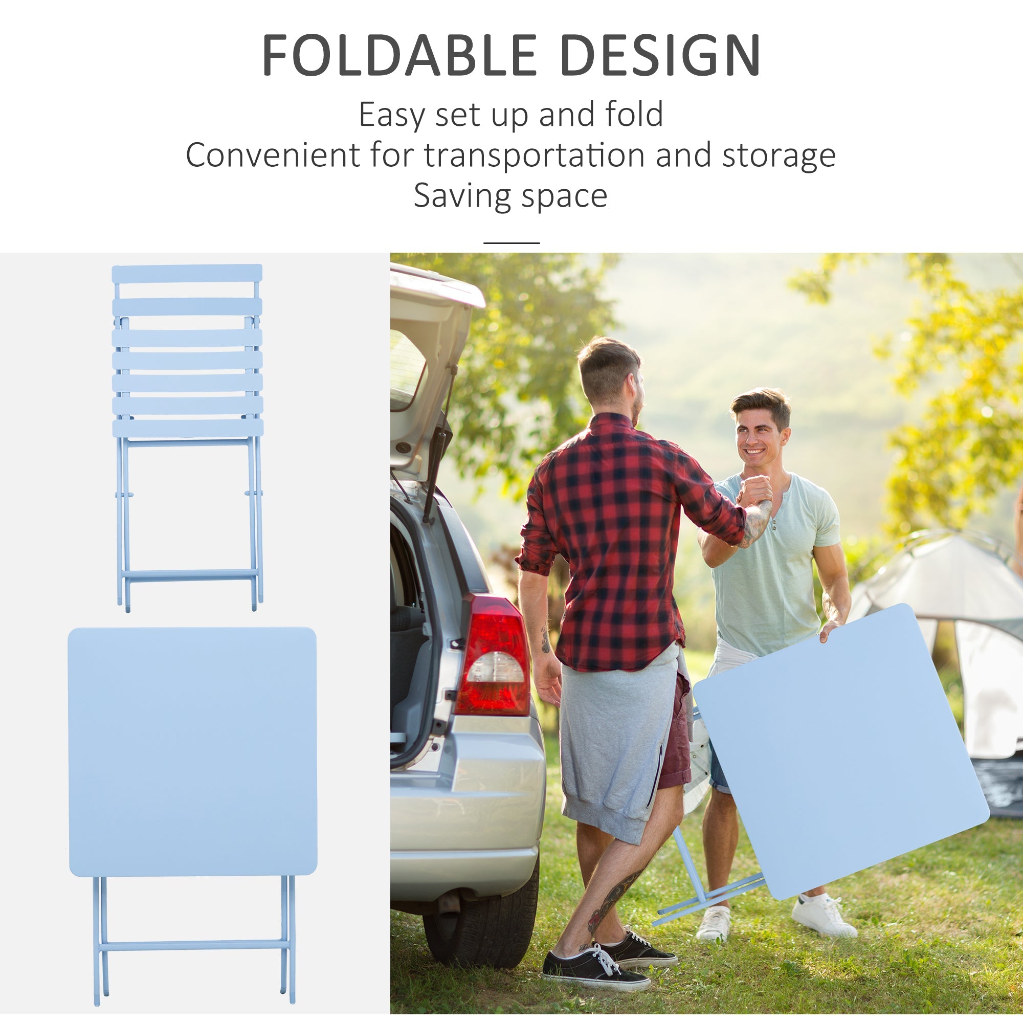 Outsunny 3 Pieces Garden Bistro Coffee Set Foldable Patio Chair & Square Table for Outdoor Yard Porch Poolside Balcony Blue