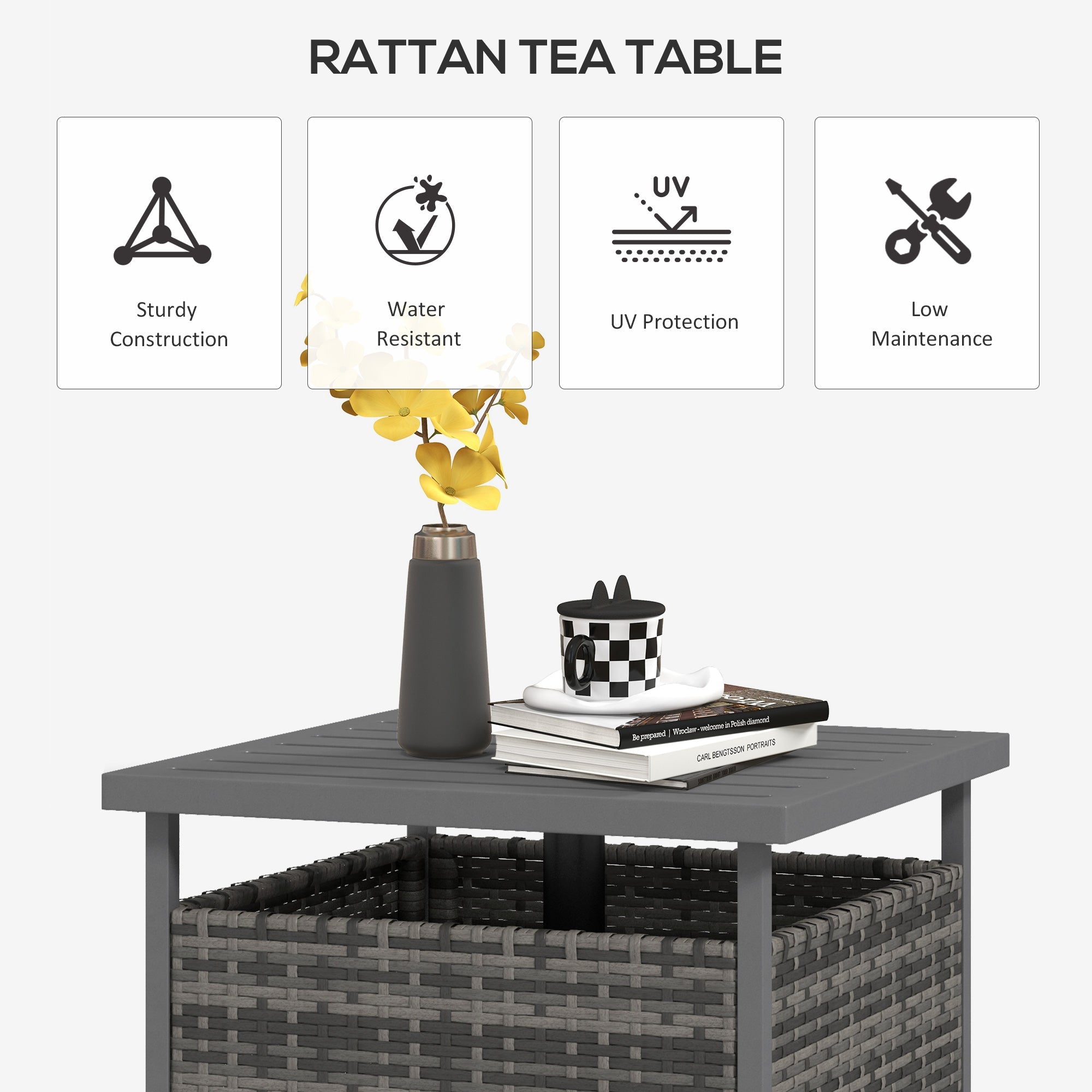 Outsunny Mixed-Grey Rattan Wicker Patio Coffee Table Outdoor with Umbrella Hole for Backyard