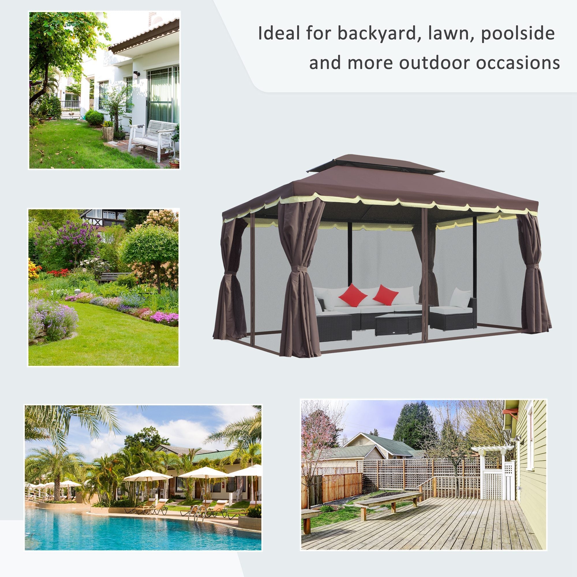 Outsunny Aluminum Frame Gazebo Canopy 10x13ft Double Tier Garden Shelter with Netting Curtains Coffee