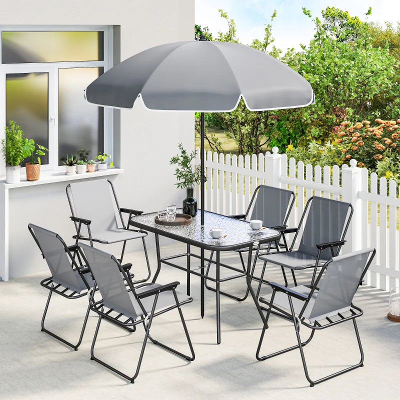 8 Piece Patio Table and Chairs Set with Folding Chairs, Tempered Glass Tabletop and Umbrella for Garden, Grey