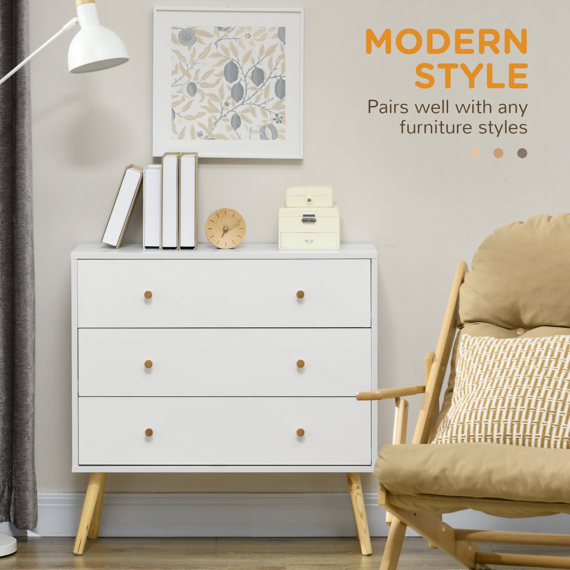 HOMCOM Elegant 3 Drawer Dresser Chest of Drawers with Wood Legs Handles for Living Room White