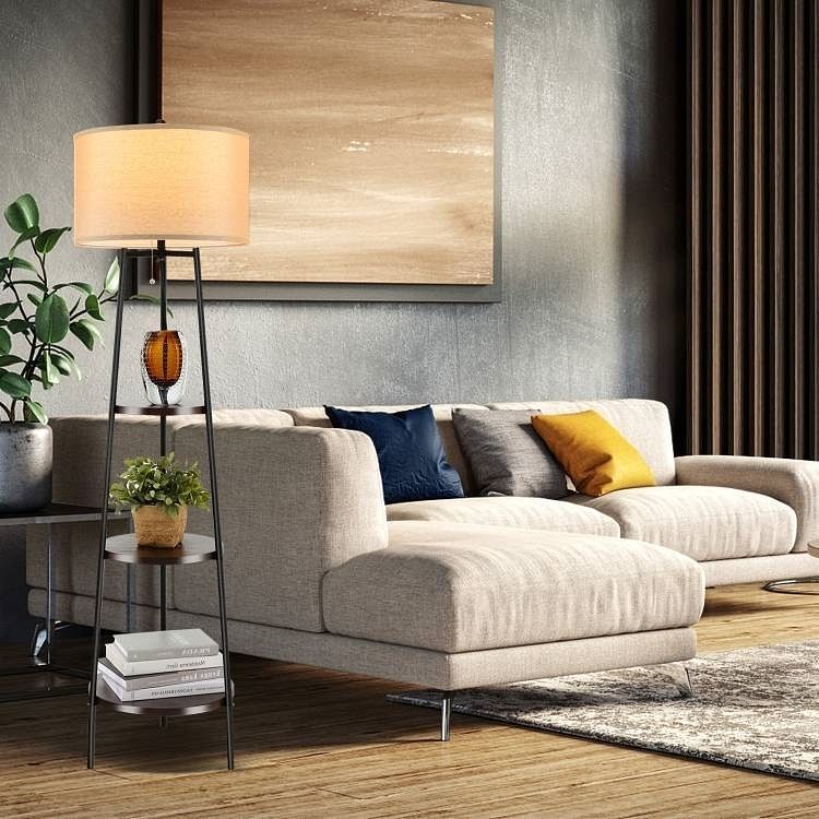 Modern Floor Lamp 3-Tier Bookcase Shelf with Round Drum Linen Lampshade - Free Shipping