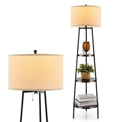 Modern Floor Lamp 3-Tier Bookcase Shelf with Round Drum Linen Lampshade - Free Shipping