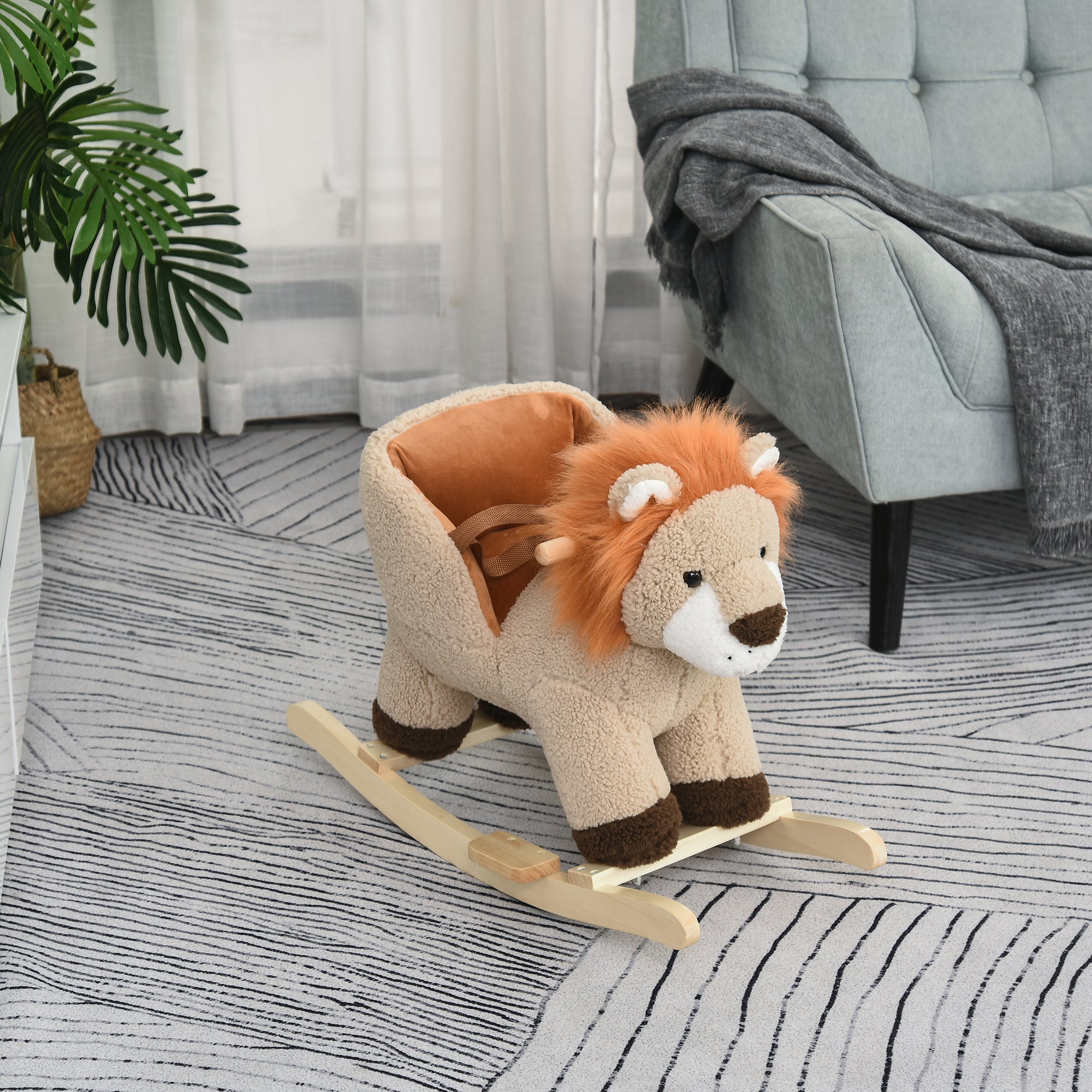 Qaba Lion Baby Rocking Horse - Plush Stuffed Rocker with Sound and Safety Belt, Wooden Base for Toddlers, Brown
