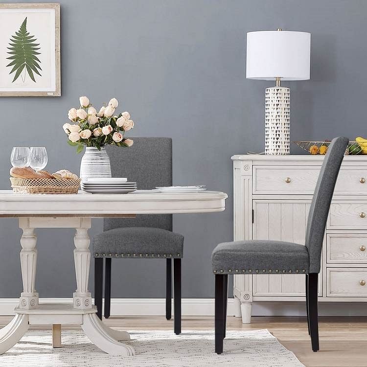 Set of 2 Grey Linen Upholstered Nailhead Dining Chair - 330 lbs. Weight Capacity - Free Shipping