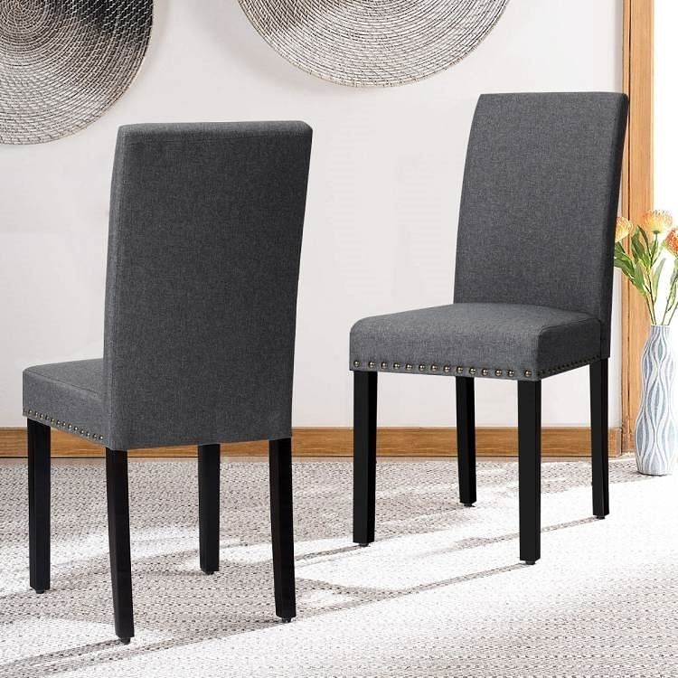 Set of 2 Grey Linen Upholstered Nailhead Dining Chair - 330 lbs. Weight Capacity - Free Shipping