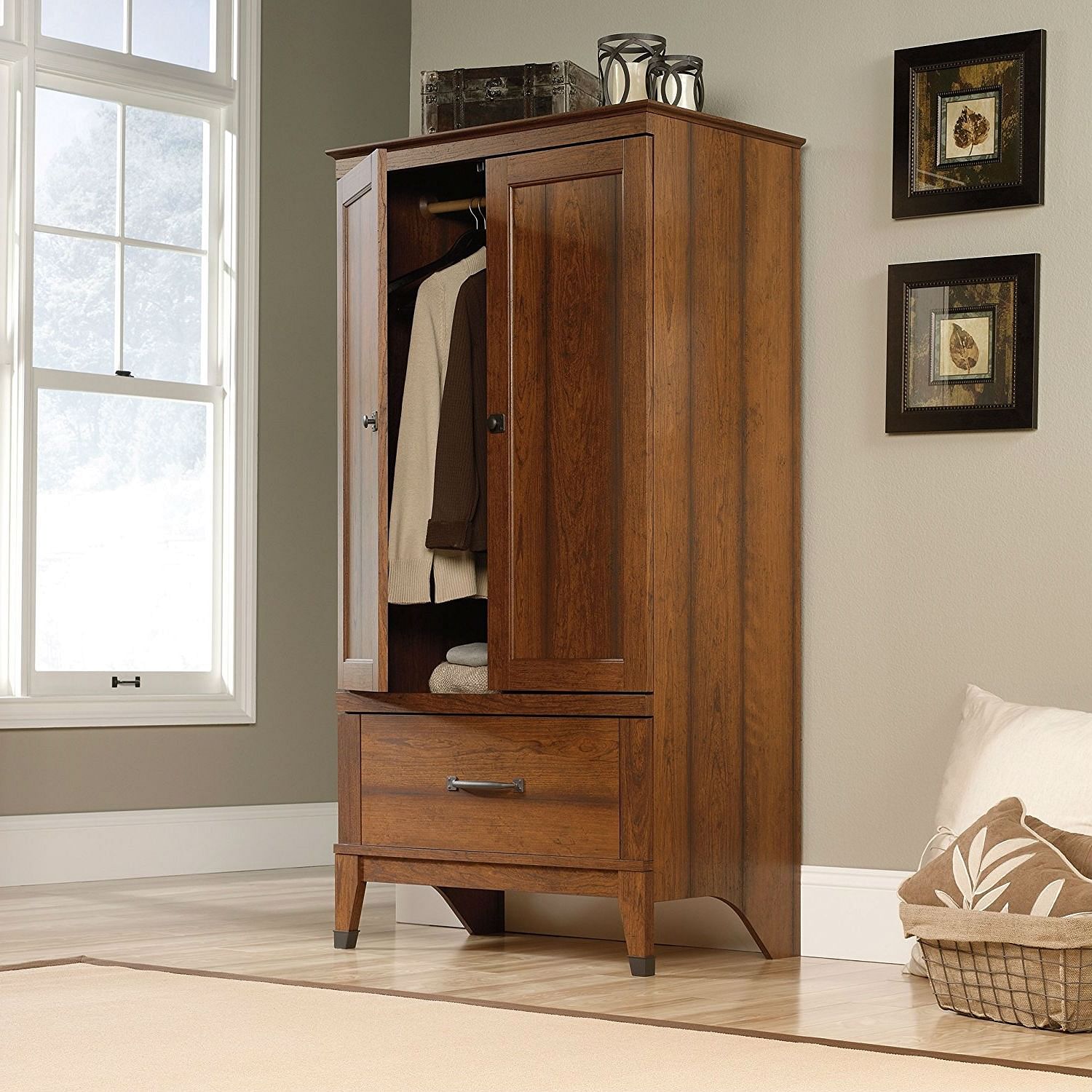Bedroom Wardrobe Cabinet Storage Armoire in Medium Brown Cherry Wood Finish - Free Shipping