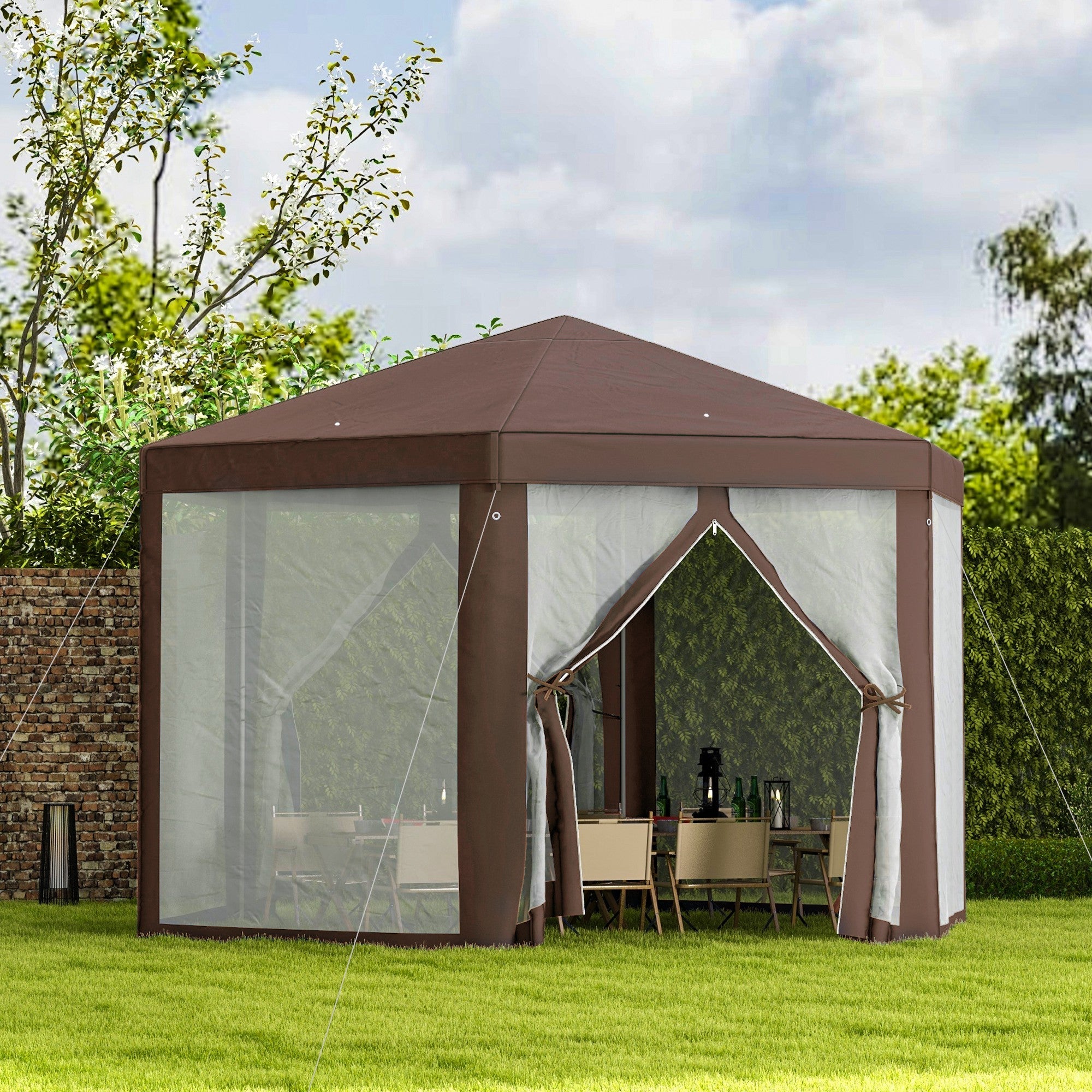 Outsunny 13' x 13' Hexagonal Party Tent, Canopy Tent with Nettings, Zipped Doors for Garden, Patio, Outdoor, Brown