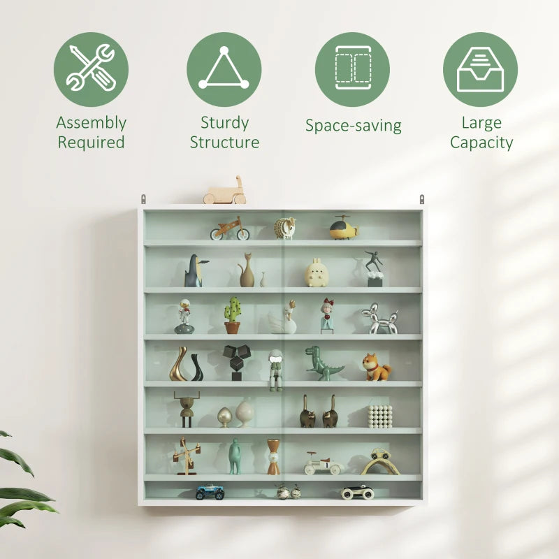 7-Tier Display Cabinet, Shot Glass Display Case, Glass Curio Cabinet with 2 Glass Doors and 6 Adjustable Shelves, White