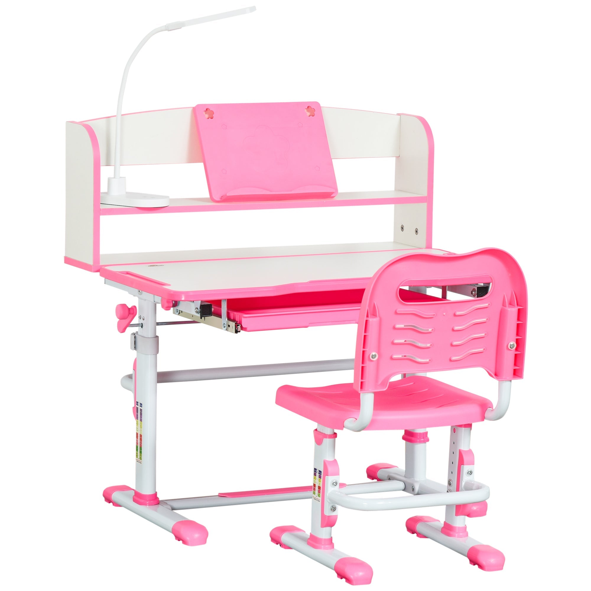 Qaba Kids Adjustable Desk and Chair Set with LED Light Bookshelf Drawer for Student Study Pink