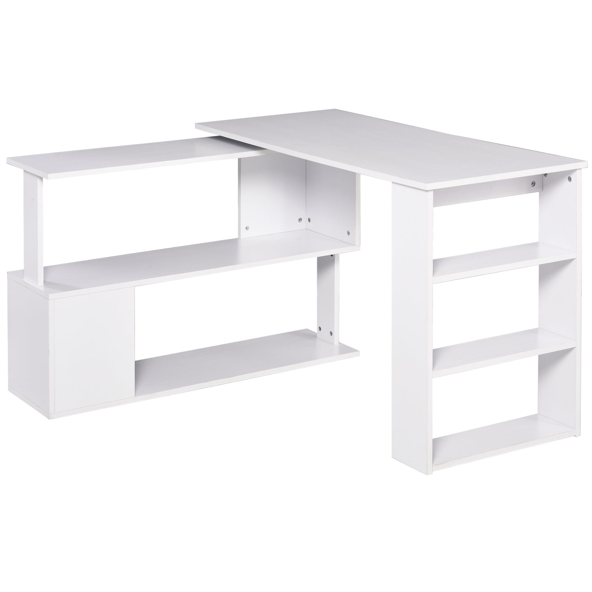 HOMCOM White L-Shaped Desk - 360° Rotating Corner Computer Writing Table with Storage Shelf for Home Office