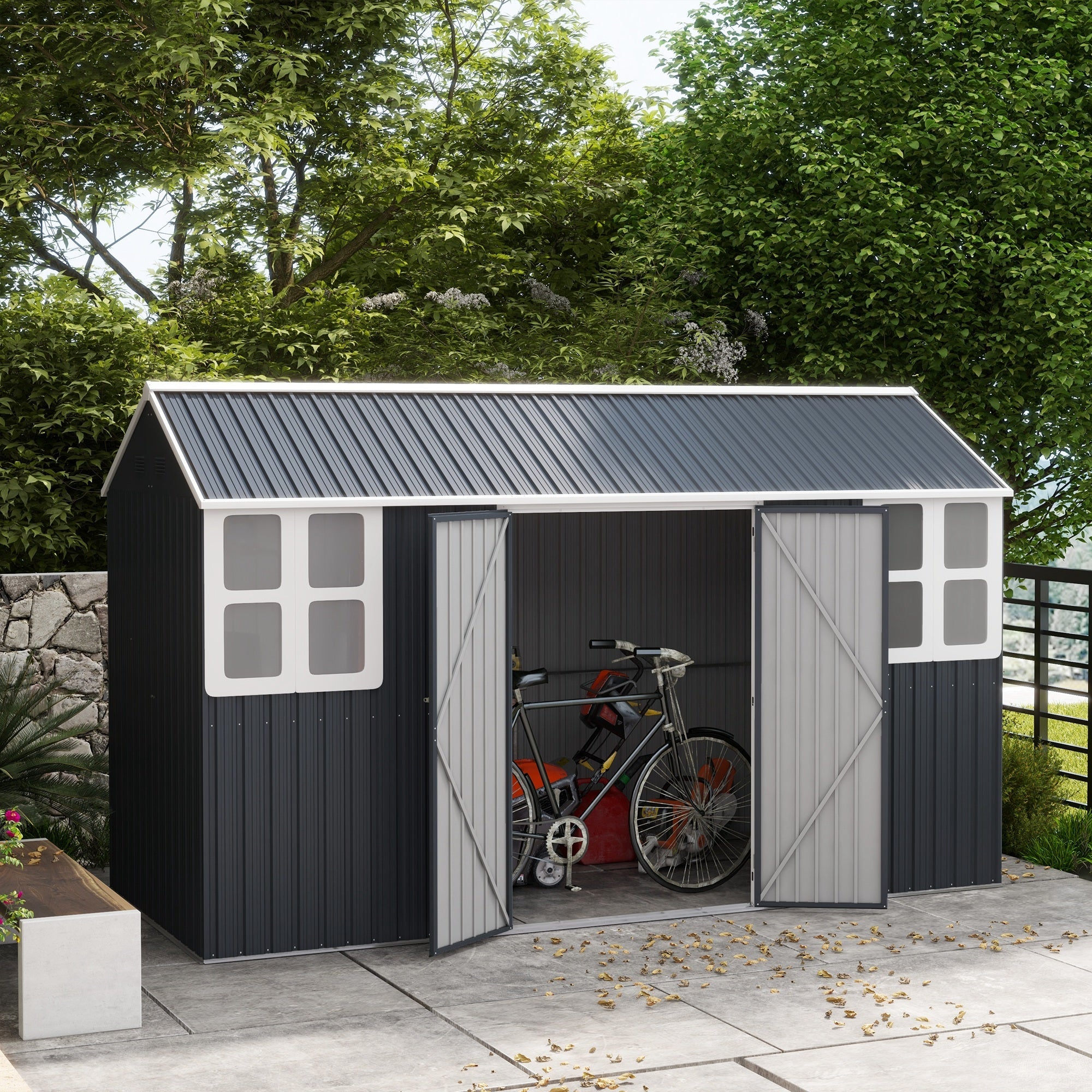 Outsunny Metal Garden Shed 12' x 5.5' Outdoor Storage Building Lockable Door Vents Sloped Roof Dark Grey