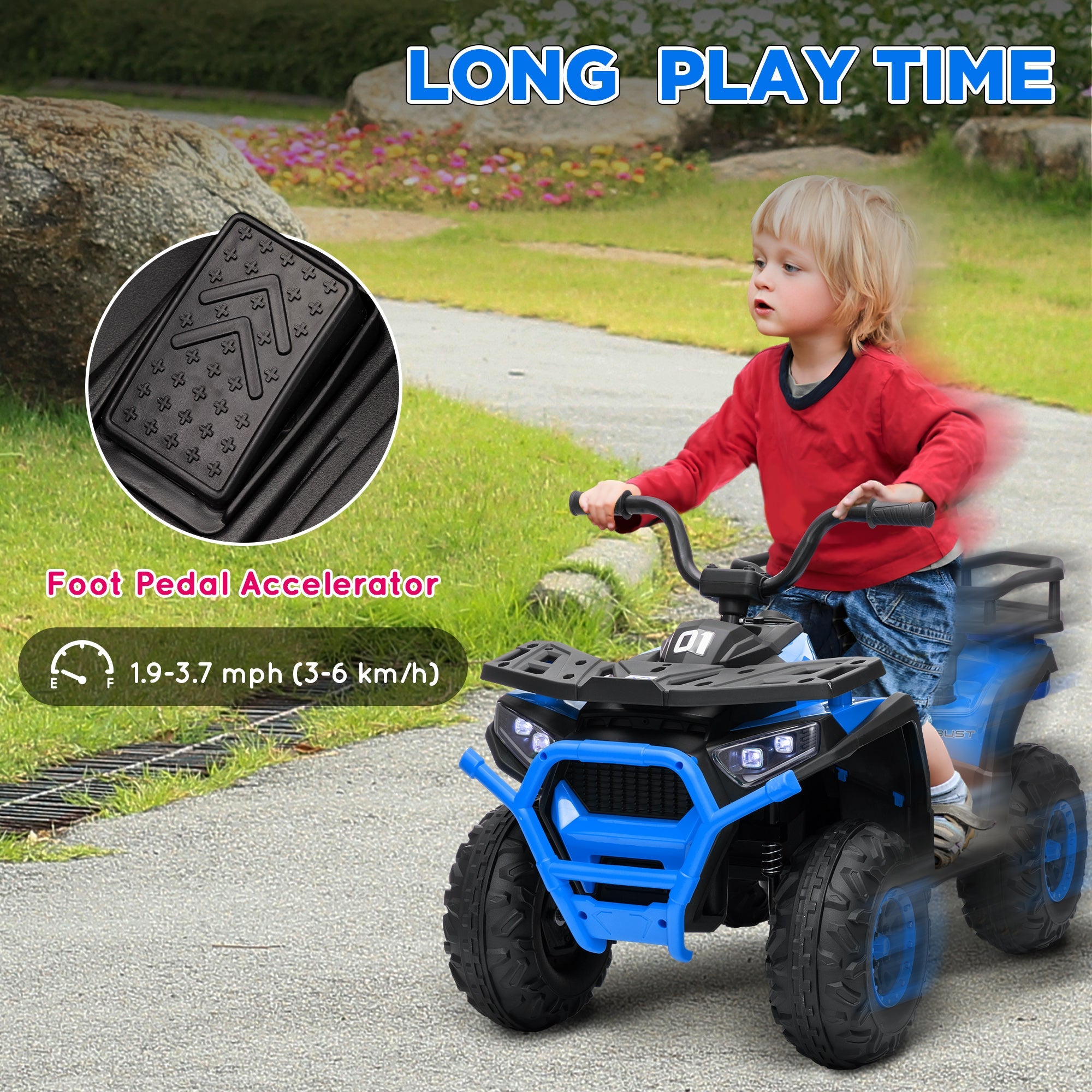 Qaba Kids ATV, 12V Battery Powered Electric Ride on Toy w/ Spring Suspension, Storage Basket, High & Low Speed, Blue