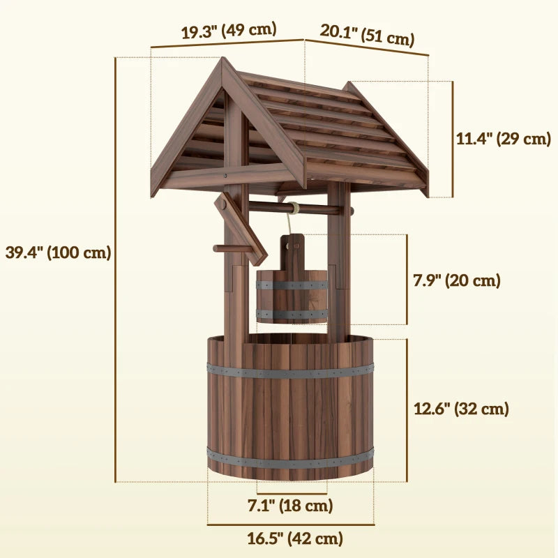 Wood Wishing Well Outdoor Wooden Planter with Hanging Bucket and Drainage Hole for Garden, Patio, Backyard, Tan
