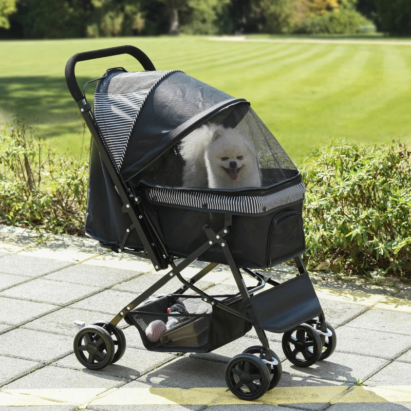 Foldable Cat Dog Travel Carriage, 4 Wheels Pet Stroller with EVA Wheel Brake, 3-stage Canopy, Mesh Window Door, Black