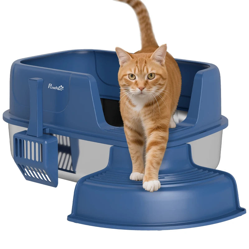 Stainless Steel Cat Litter Box, Cat Litter Box with High Side and Scoop, Anti-Leakage, Easy to Clean, Navy Blue