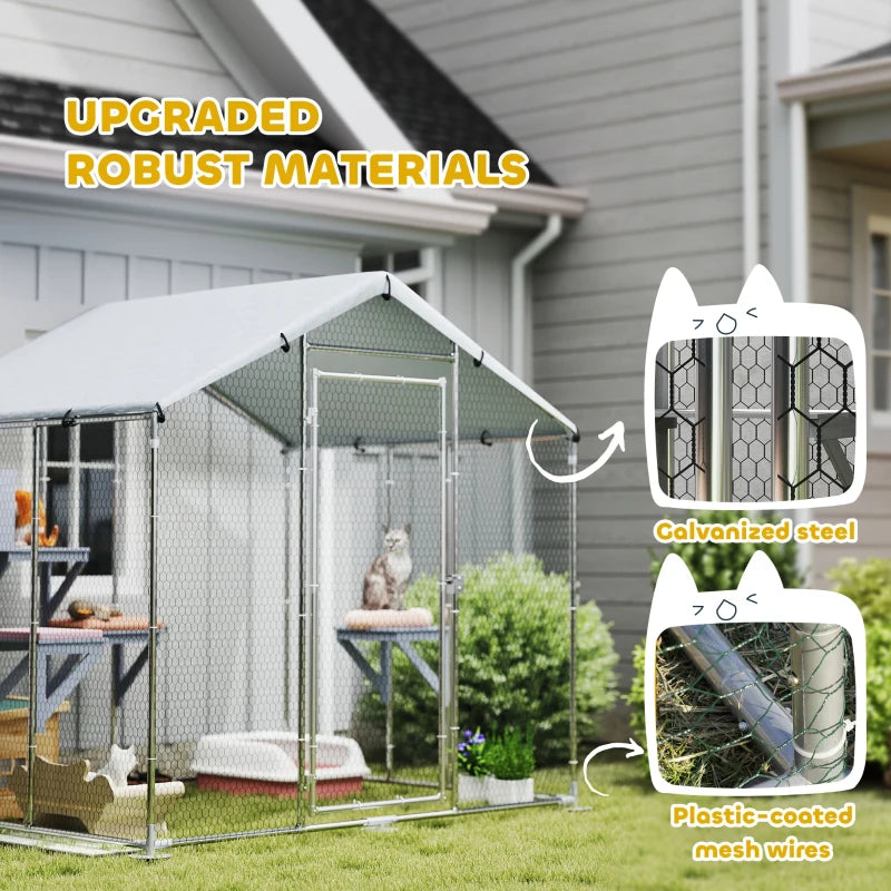 79" Extra Large Metal Outdoor Catio with Waterproof Cover, Resting Box, 4 Platforms, for Multiple Rabbits, Chicken