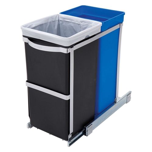 Pull Out Blue Recycle Bin Black Trash Can Slides Under Kitchen Counter - Free Shipping