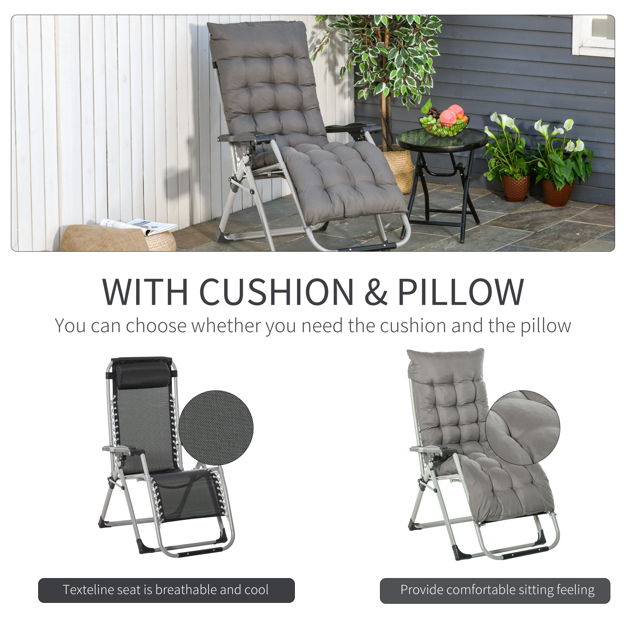 Outsunny Zero Gravity Reclining Chair Folding Garden Sun Lounger with Cushion Grey Relaxation