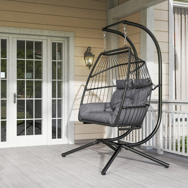 Double Wicker Egg Swing Chair with Stand, Foldable Hanging Egg Chair with UV Resistant Cushion, Headrest, Dark Grey
