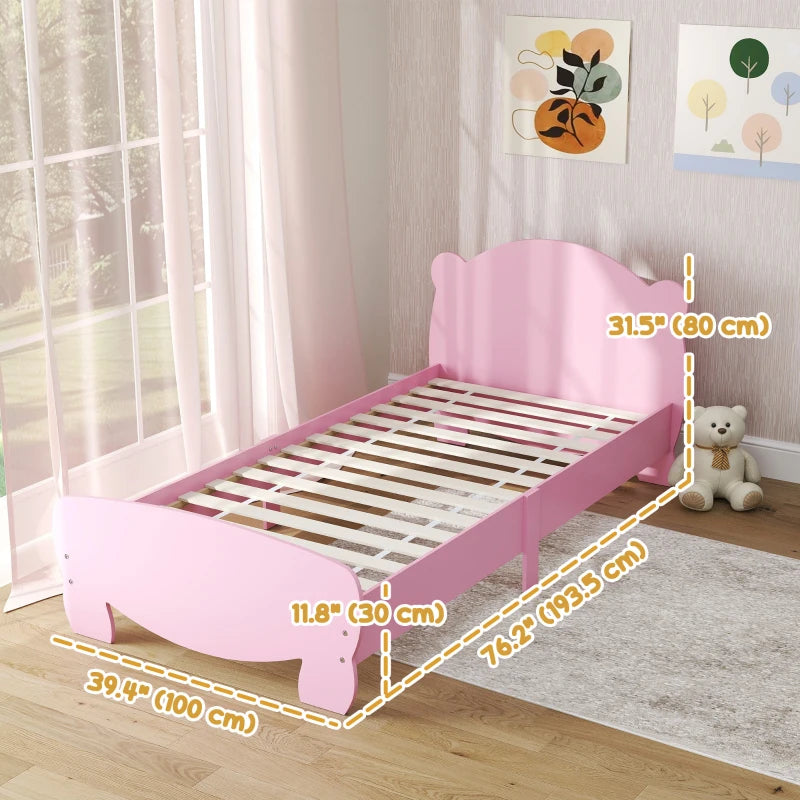 Qaba Twin Bed Frame with Bear Shaped Headboard & Footboard, Slats Support, No Box Spring Needed, for Boys, Girls, Pink