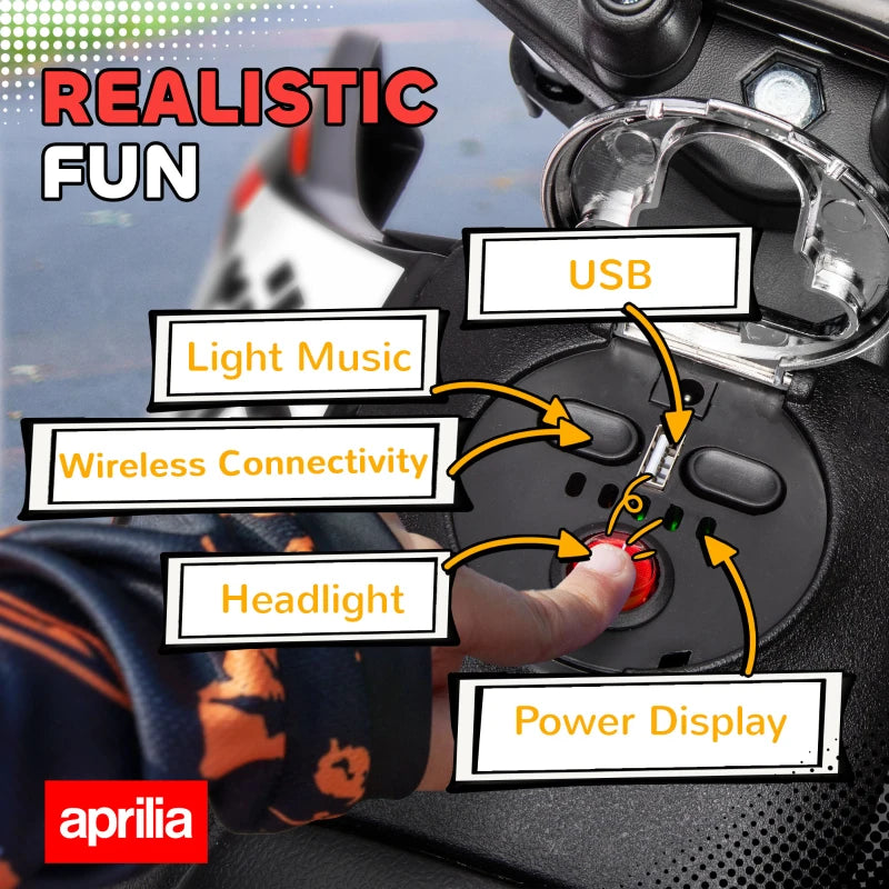 Qaba 12V Aprilia Licenced Kids Electric Motorcycle, Battery-Powered Dirt Bike with Training Wheels for Aged 3-8, Red