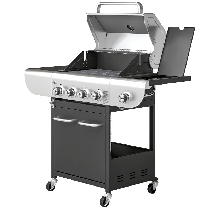 Outsunny 4 Burner Propane Gas Grill with Side Burner, 53,000 BTU BBQ Grill with Cast Iron Grates, Wheels, Warming Rack, Cabinet