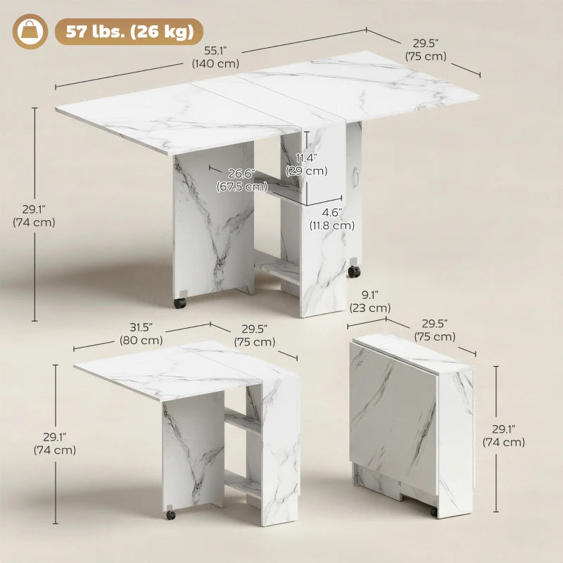 Extendable Dining Table, Collapsible Folding Table with 2-tier Shelves and Rolling Casters, Marble White