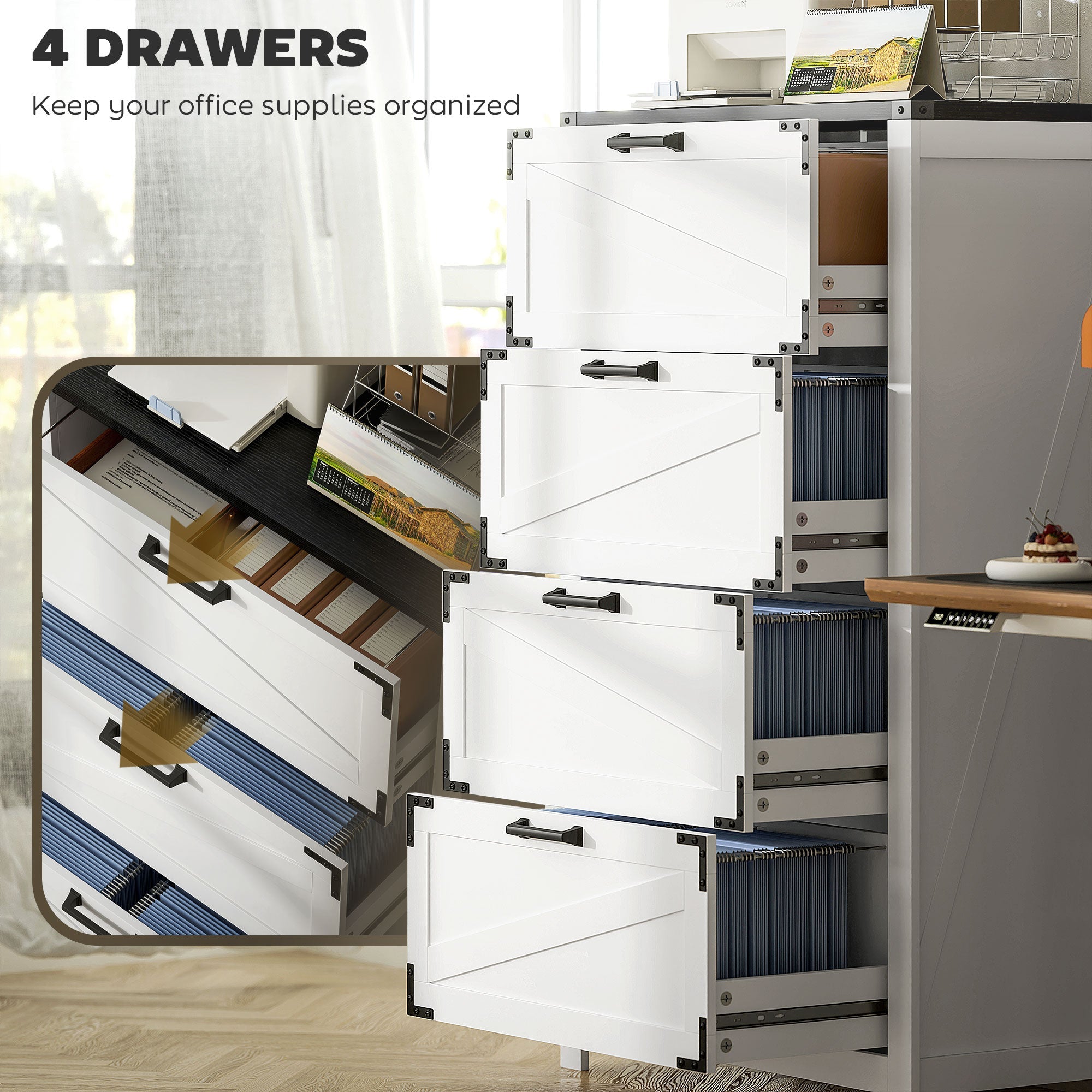 HOMCOM 4 Drawer Filing Cabinet, Farmhouse Office Storage Cabinet with Adjustable Hanging Bars for Letter, A4, Legal Size, White