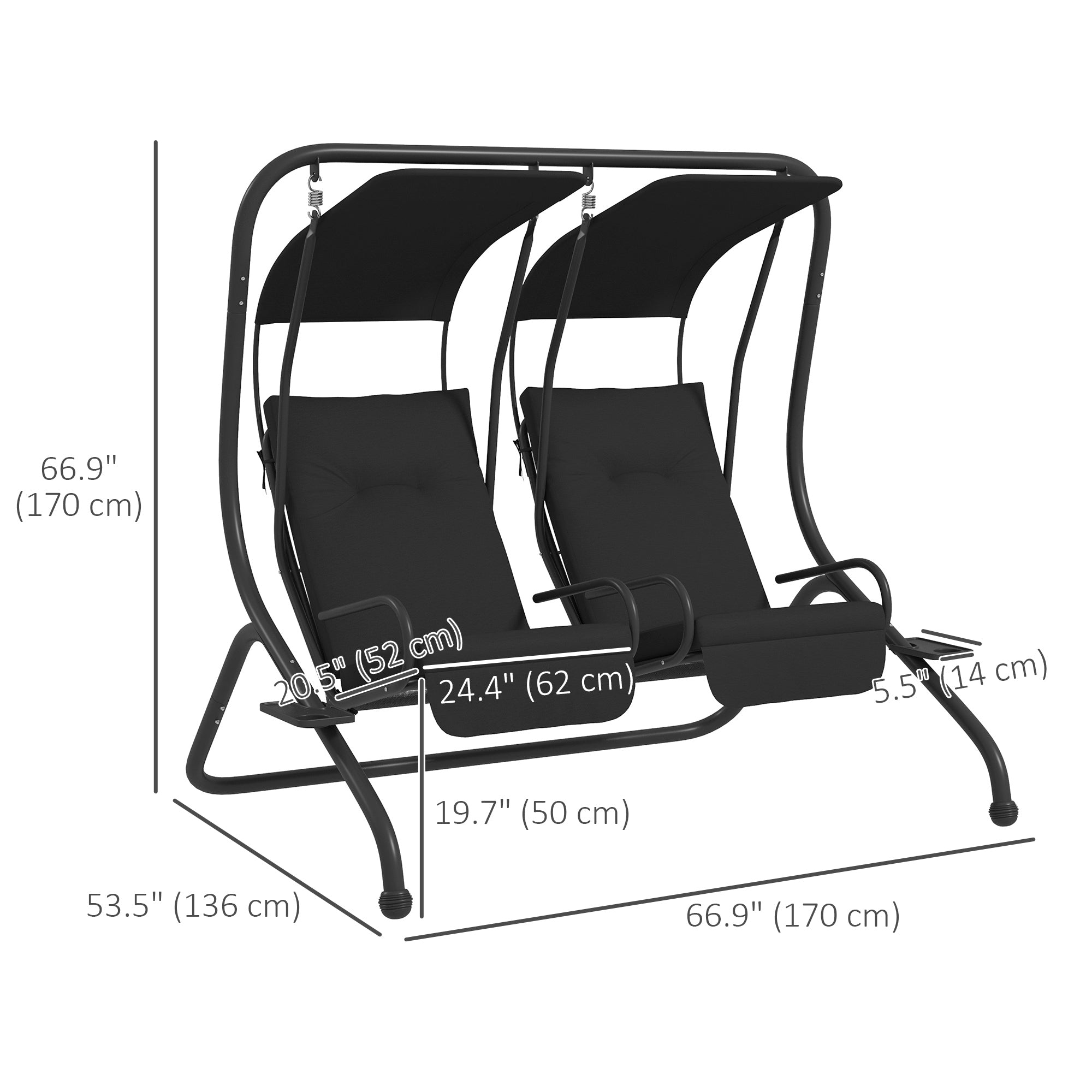 Outsunny Porch Swing 2-Seater with Canopy Shade: Outdoor Patio Chair Garden Poolside Backyard Black
