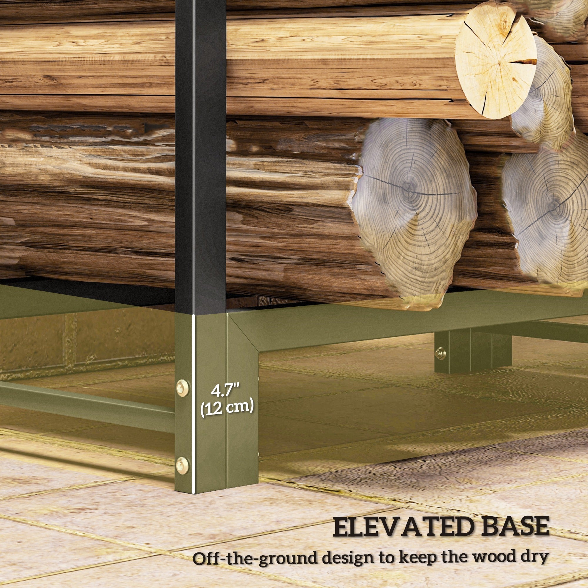 Outsunny 4ft Firewood Rack with Dual Space and Lock Rings, Steel Log Holder for Outdoor Indoor, Black