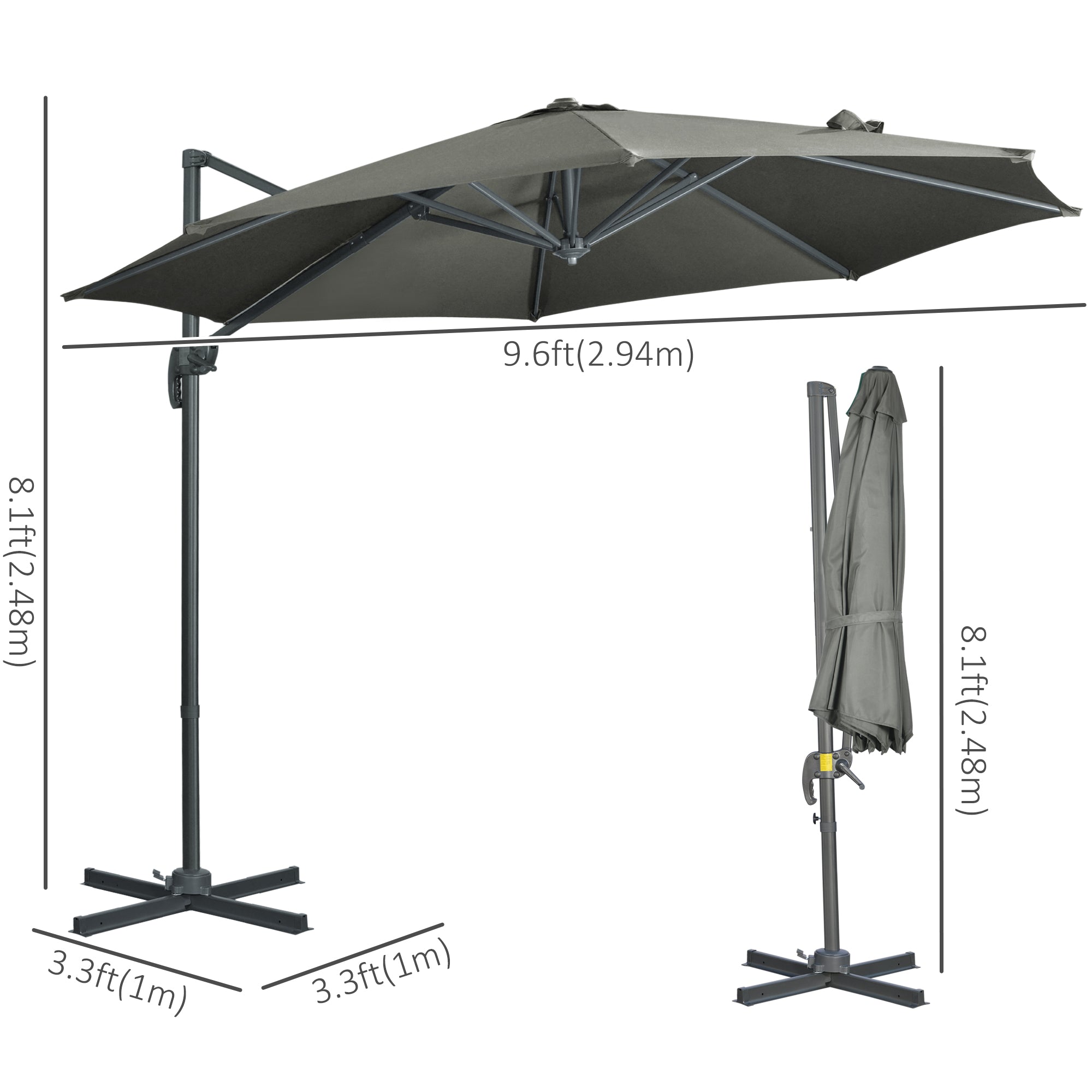 Outsunny Patio Offset Cantilever Umbrella: Φ9.6ft Aluminum Crank Parasol with 360° Rotation & Cross Base, Grey