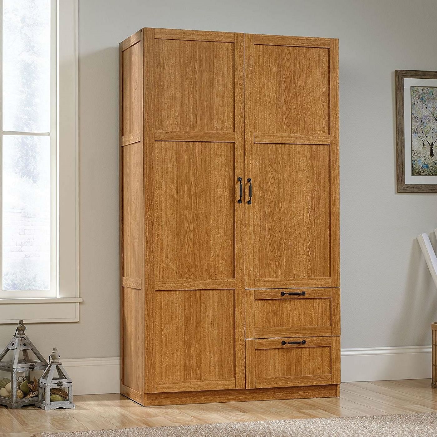 Bedroom Wardrobe Cabinet Storage Closet Organizer in Medium Oak Finish - Free Shipping