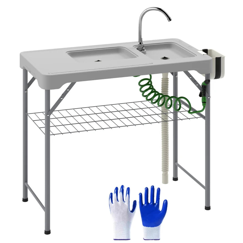 Folding Fish Cleaning Table with Sinks, Camping Sink with Faucet Drainage Hose Sprayer Shelf, Grey