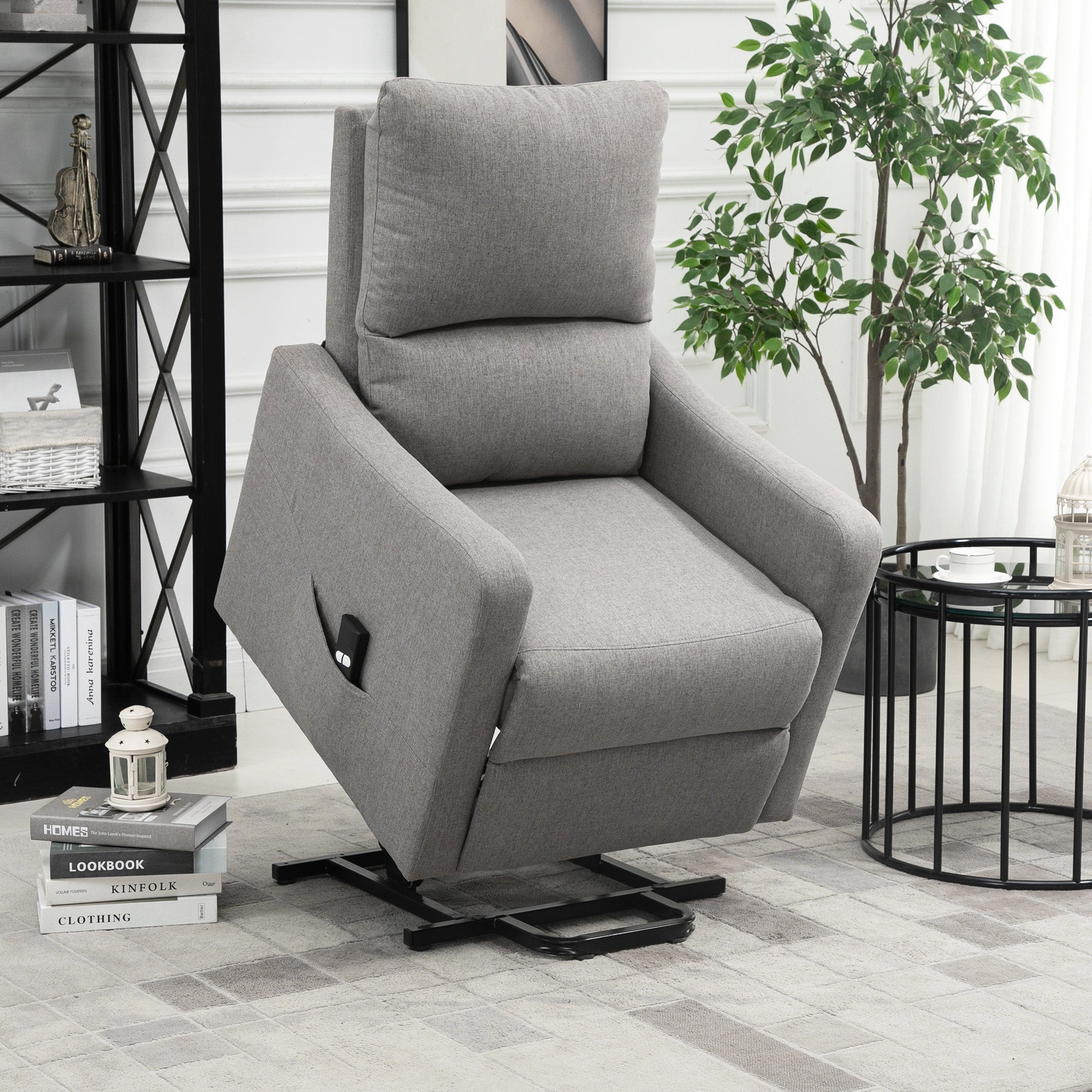 HOMCOM Electric Lift Recliner Chair Rising Power Chaise Lounge Fabric Sofa with Remote Control & Side Pocket for Living Room